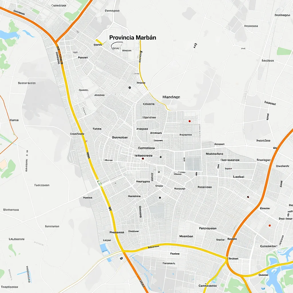 Detailed street map showing roads, highways, neighborhoods, and urban layout of Provincia Marbán, Bolivia