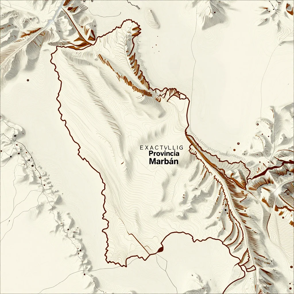 3D topographic map showing elevation contours, mountain ranges, and terrain features of Provincia Marbán, Bolivia