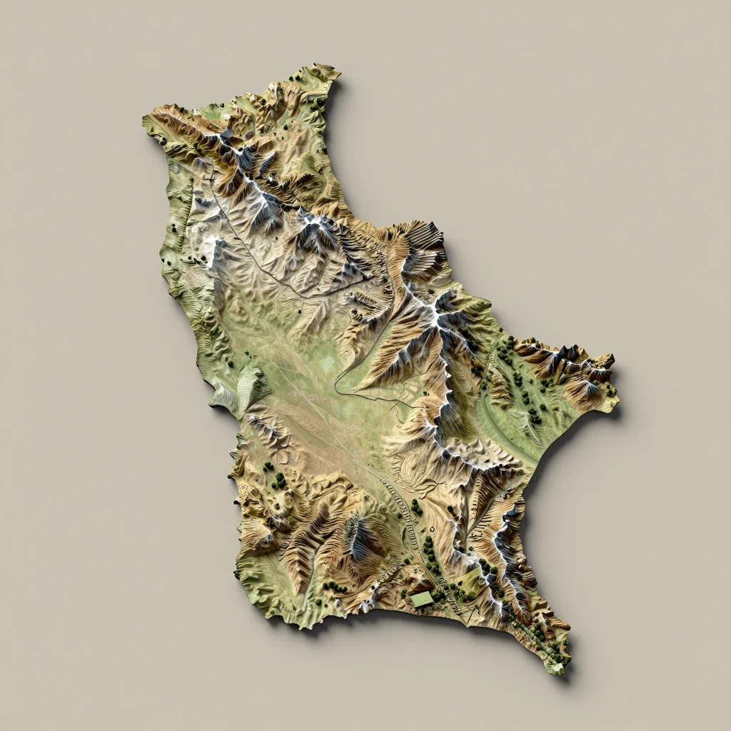 Isometric 3D topographic visualization showing elevation and terrain of Provincia Marbán, Bolivia