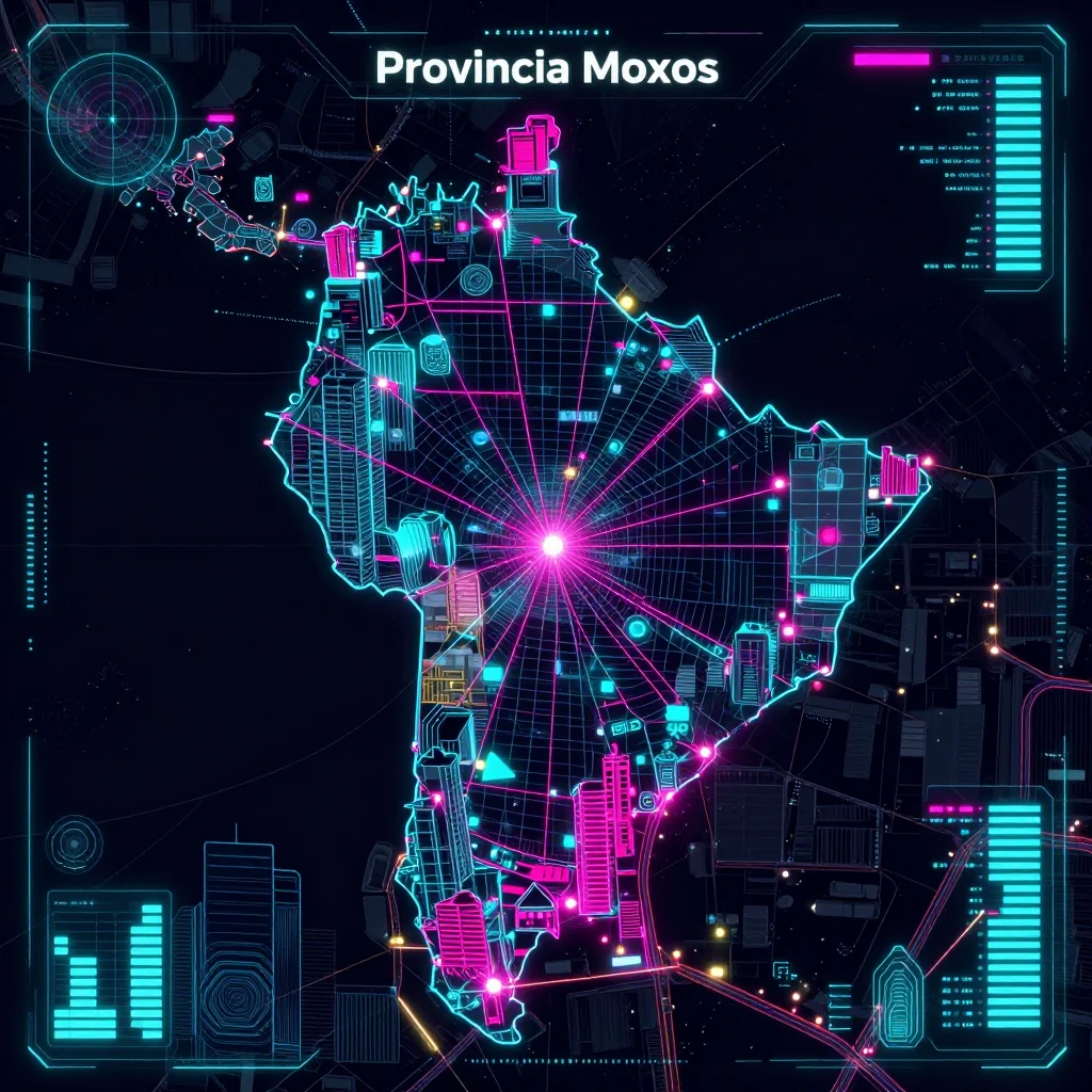Cyberpunk style digital map of Provincia Moxos, Bolivia with neon grid lines and futuristic UI design