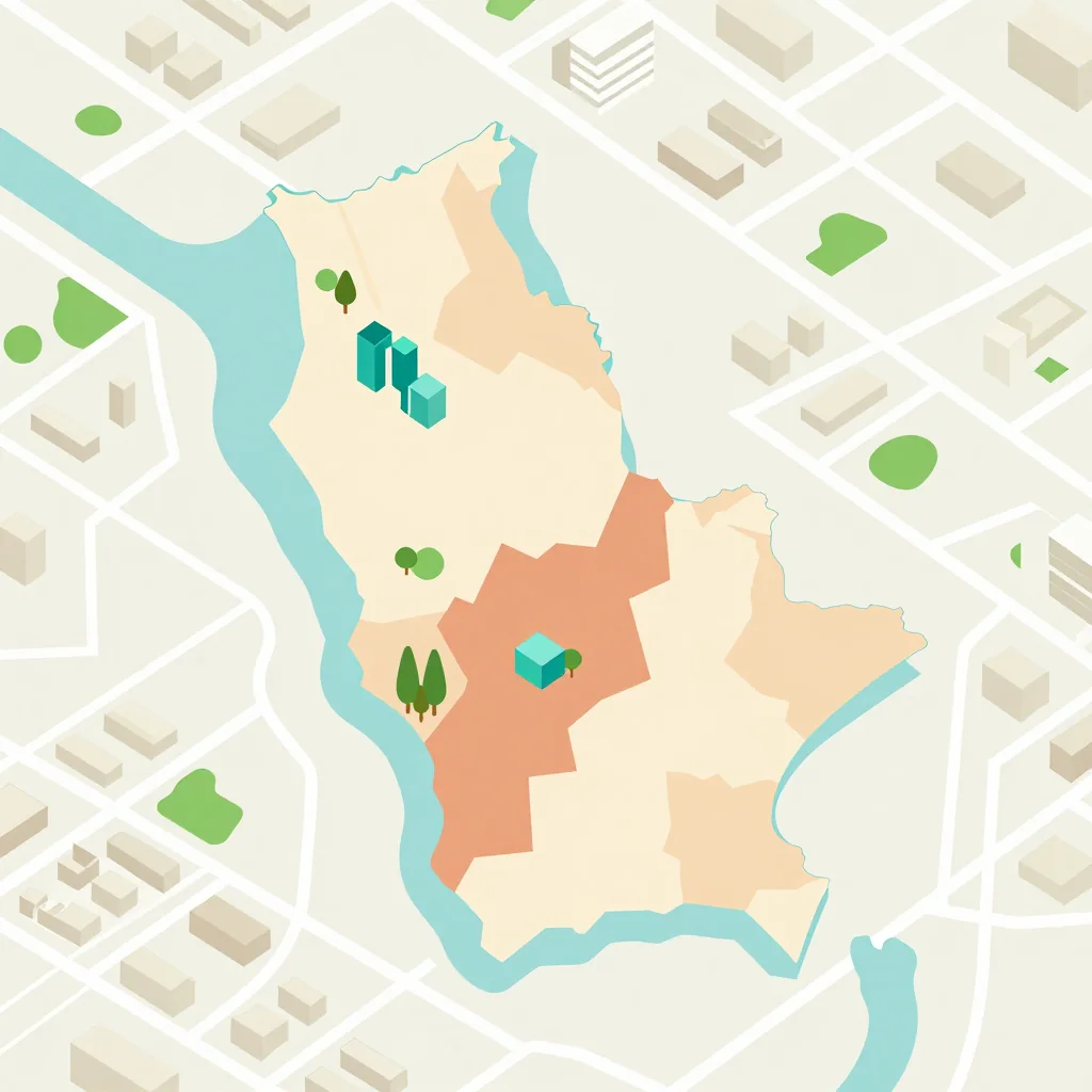 Isometric flat design tourist map of Provincia Moxos, Bolivia showing landmarks, attractions, and points of interest