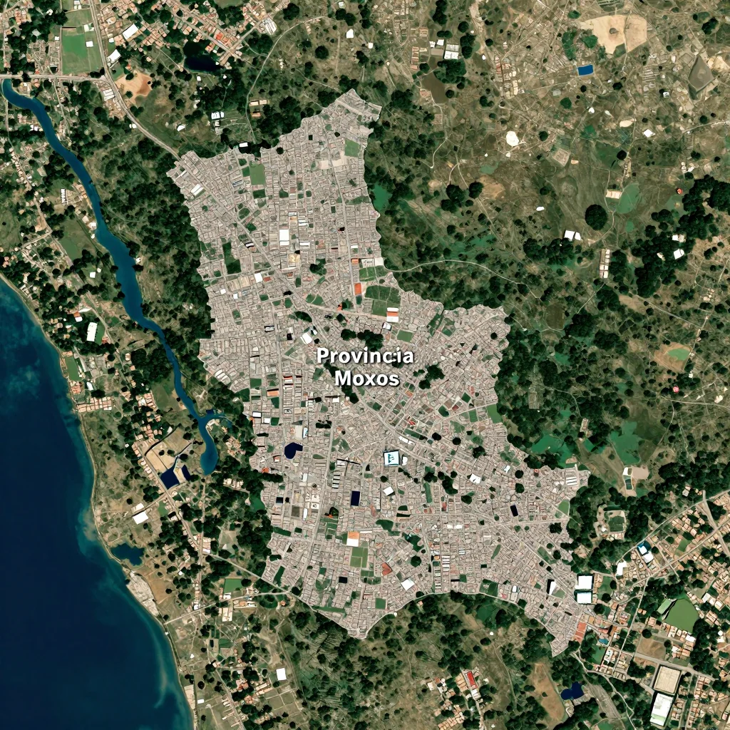 High-resolution satellite image of Provincia Moxos, Bolivia showing land cover, urban areas, and natural features from space