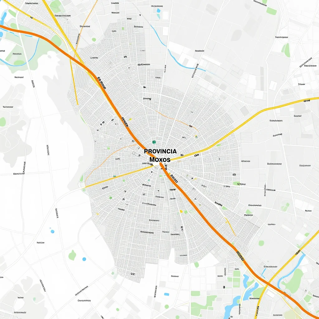 Detailed street map showing roads, highways, neighborhoods, and urban layout of Provincia Moxos, Bolivia