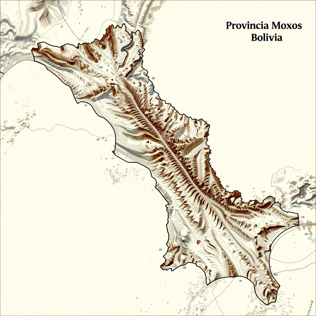 3D topographic map showing elevation contours, mountain ranges, and terrain features of Provincia Moxos, Bolivia