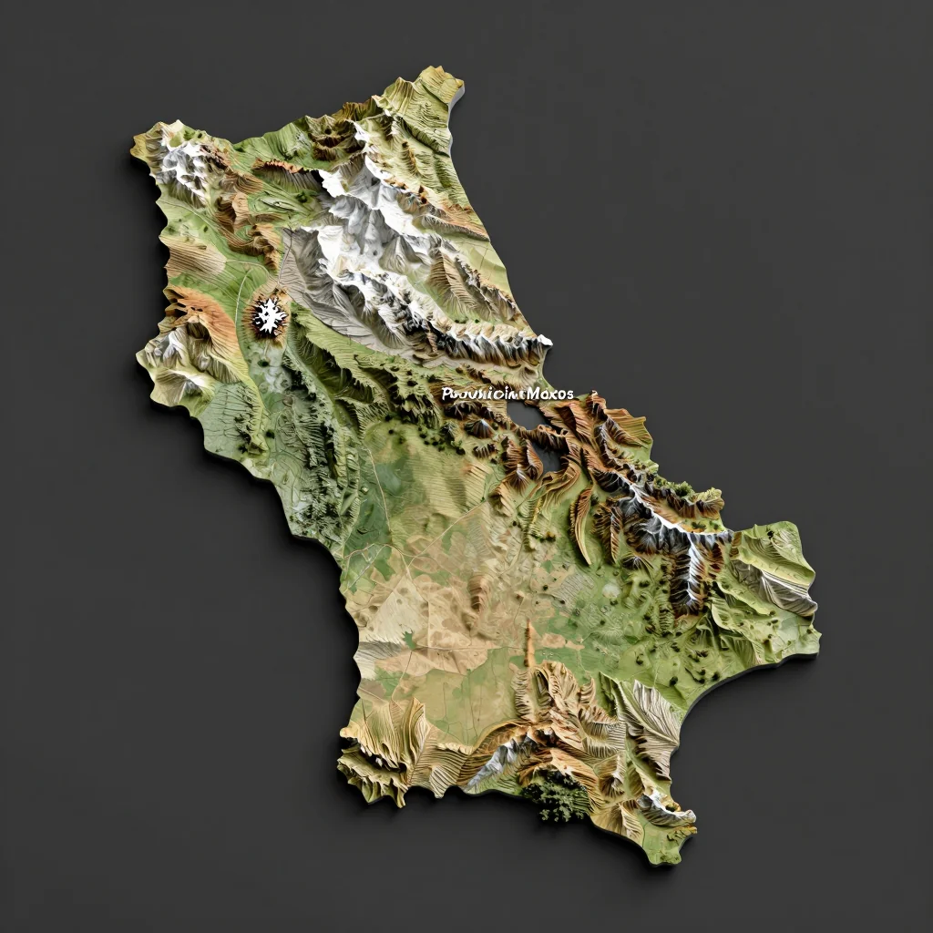Isometric 3D topographic visualization showing elevation and terrain of Provincia Moxos, Bolivia