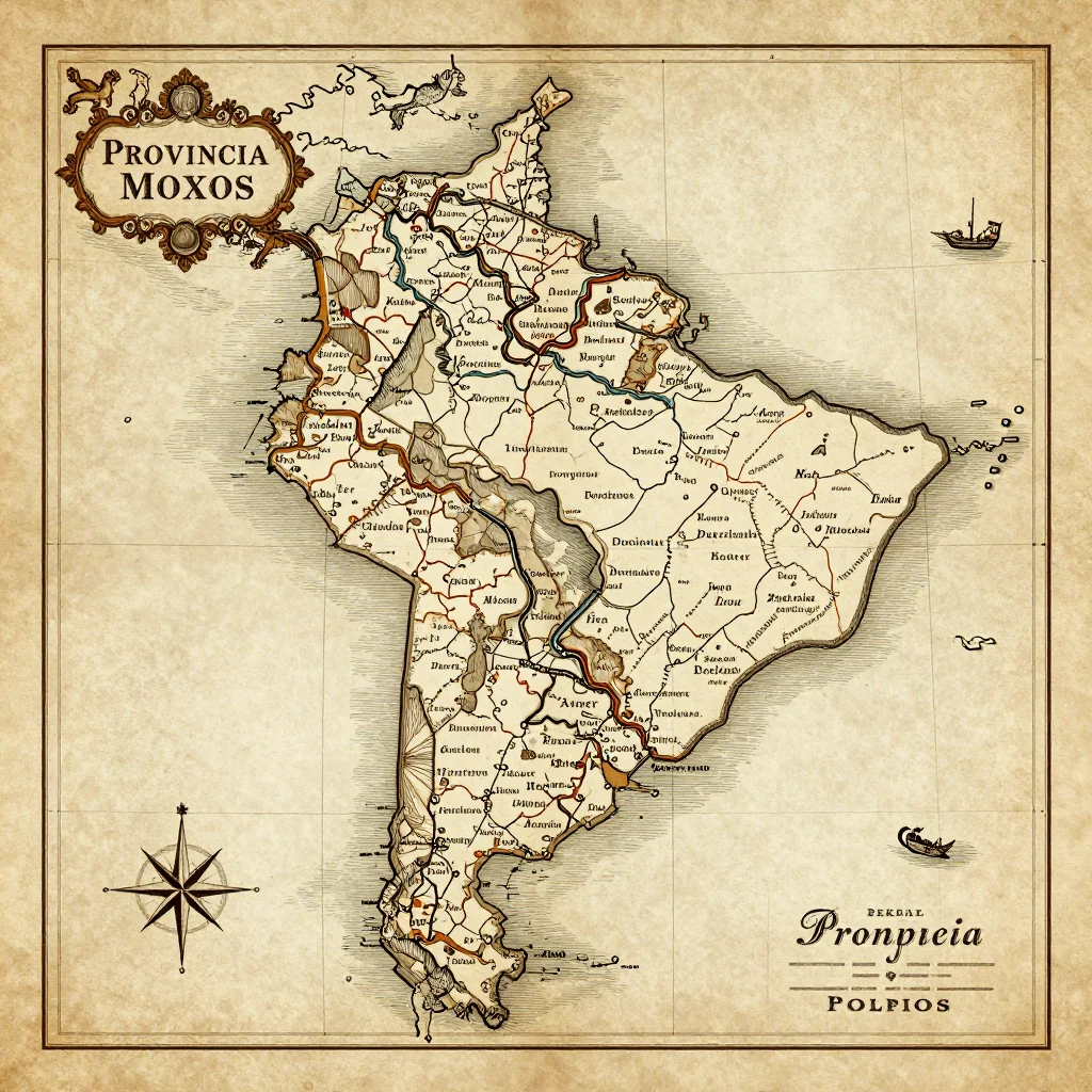 Antique vintage map of Provincia Moxos, Bolivia showing historical cartography style