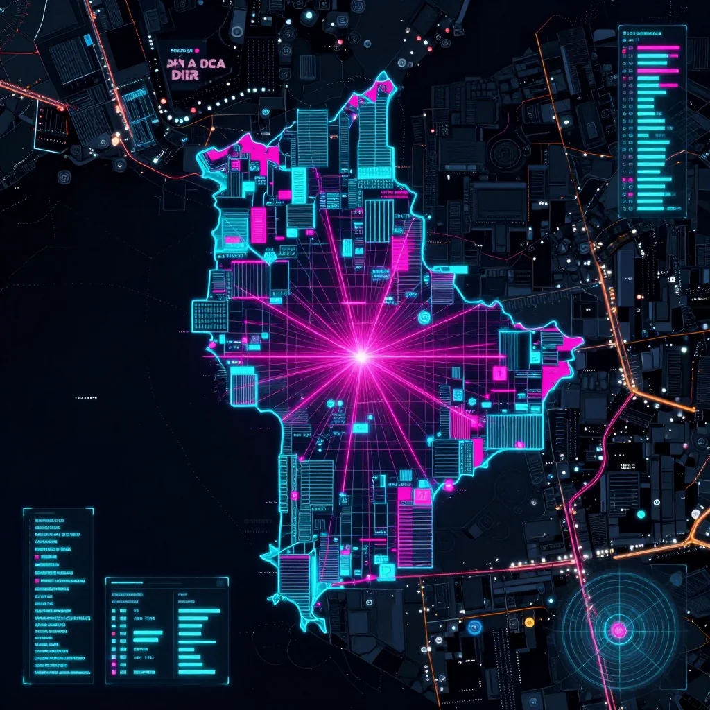 Cyberpunk style digital map of Provincia Vaca Diez, Bolivia with neon grid lines and futuristic UI design