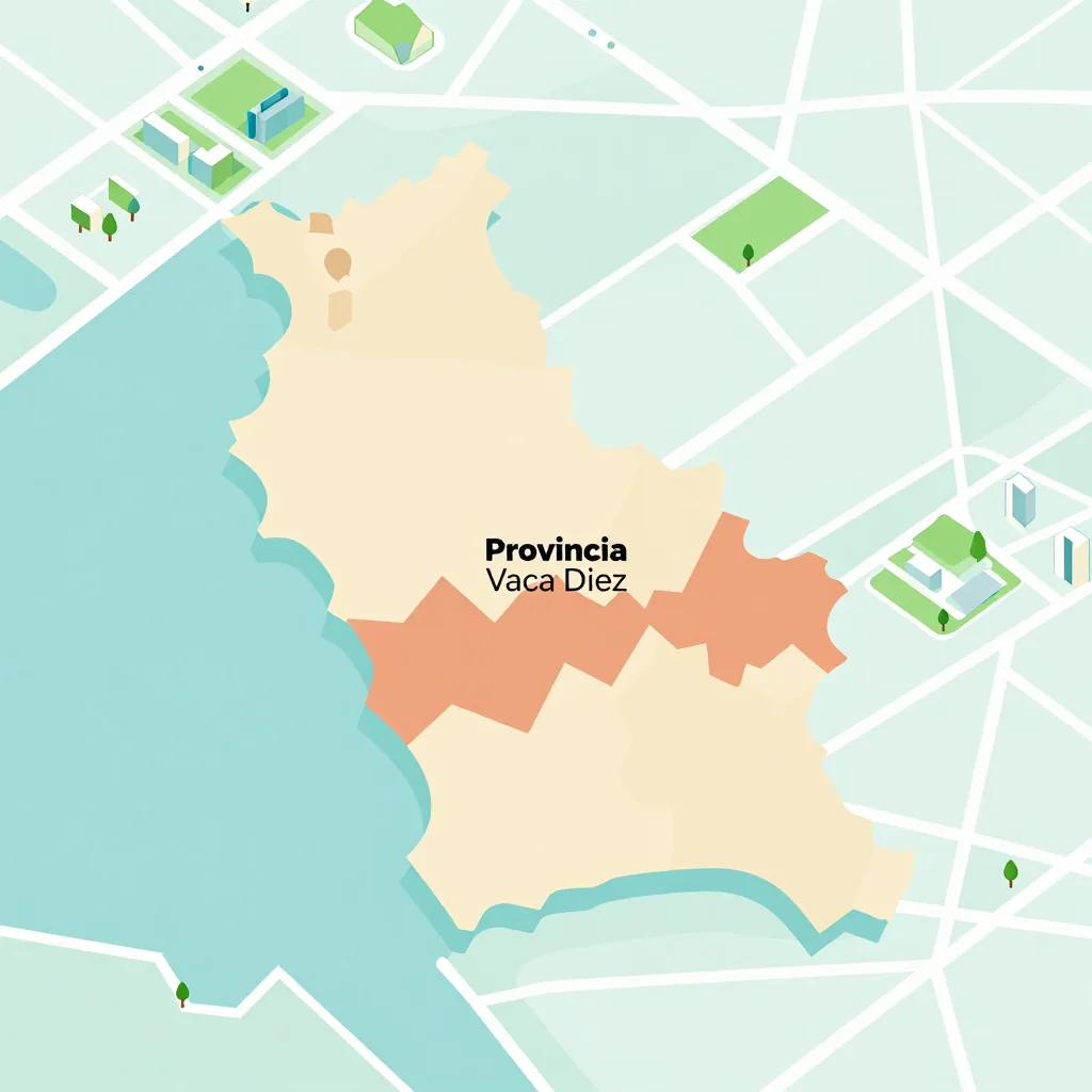 Isometric flat design tourist map of Provincia Vaca Diez, Bolivia showing landmarks, attractions, and points of interest