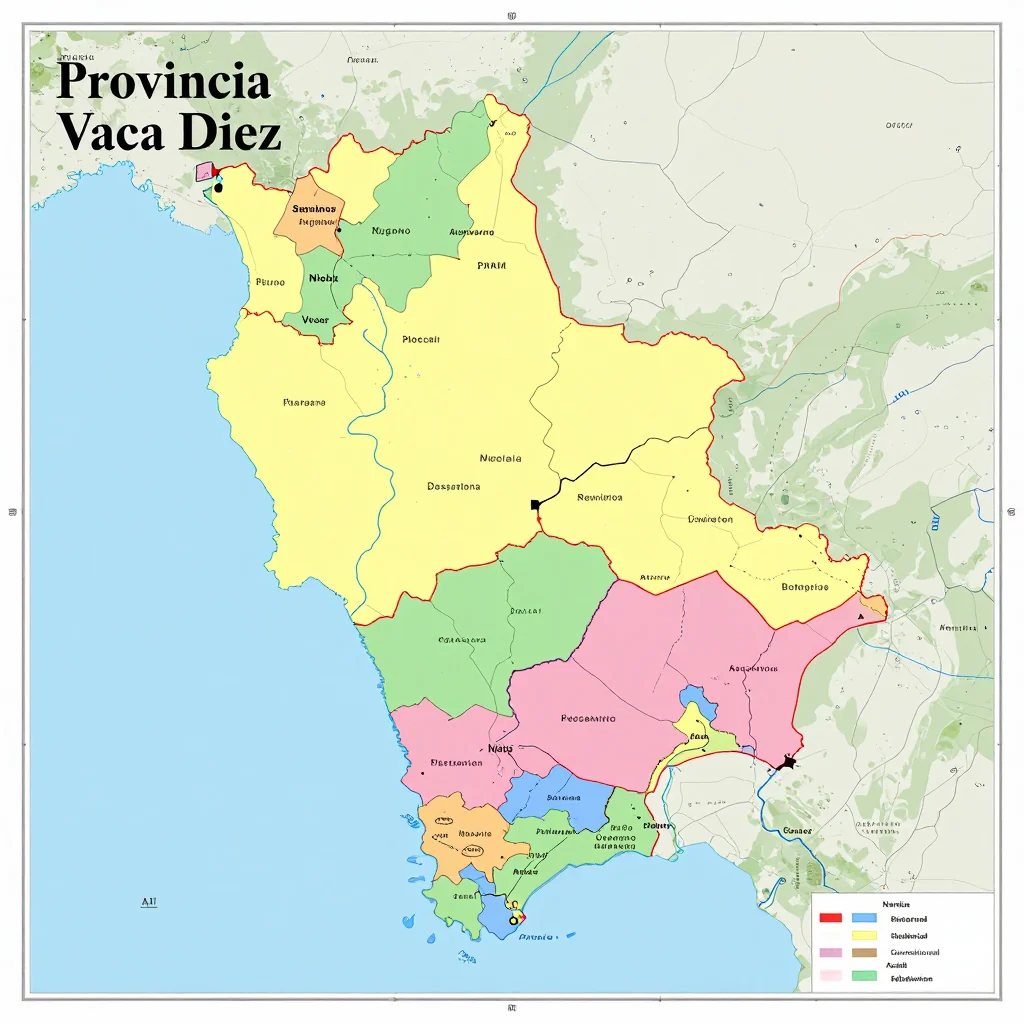 Political map showing borders, administrative divisions, major cities, and capital of Provincia Vaca Diez, Bolivia