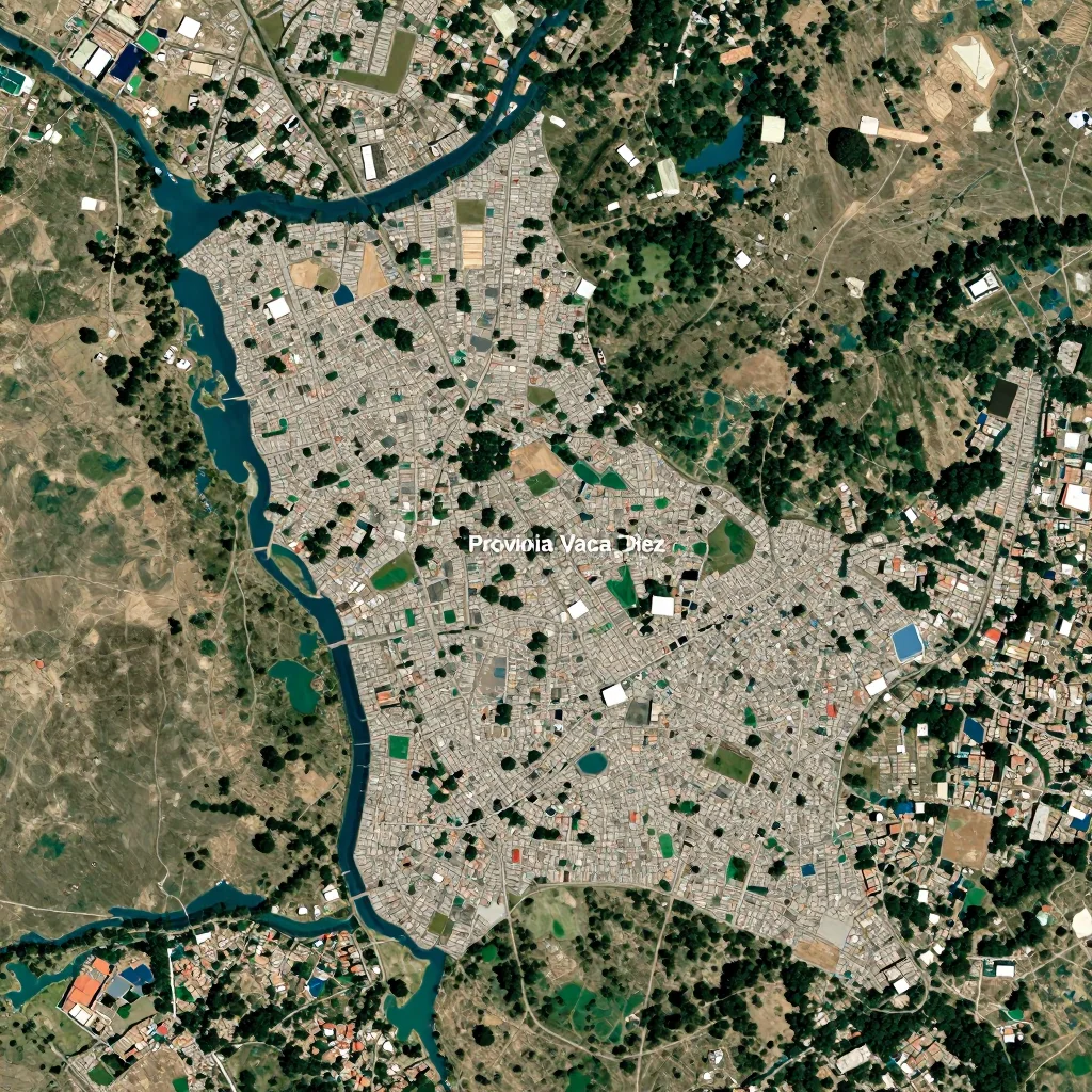 High-resolution satellite image of Provincia Vaca Diez, Bolivia showing land cover, urban areas, and natural features from space