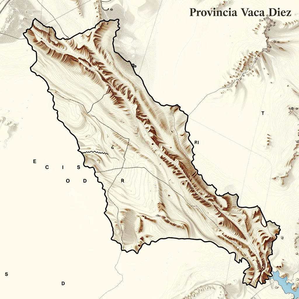 3D topographic map showing elevation contours, mountain ranges, and terrain features of Provincia Vaca Diez, Bolivia