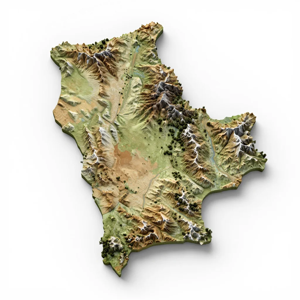 Isometric 3D topographic visualization showing elevation and terrain of Provincia Vaca Diez, Bolivia