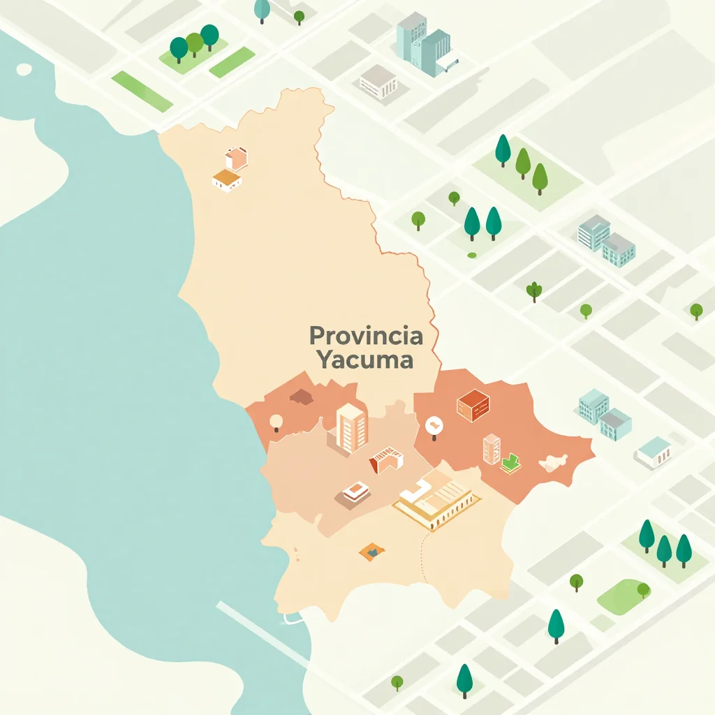 Isometric flat design tourist map of Provincia Yacuma, Bolivia showing landmarks, attractions, and points of interest
