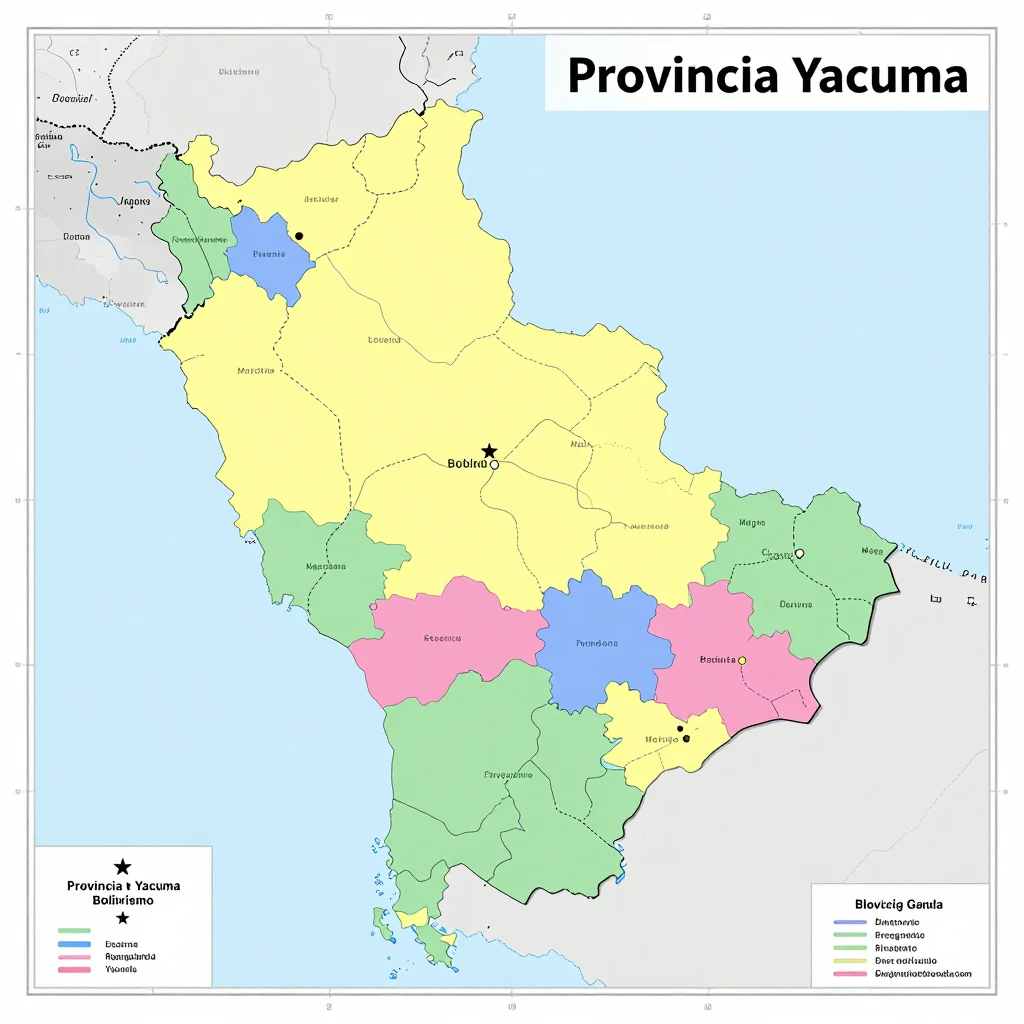 Political map showing borders, administrative divisions, major cities, and capital of Provincia Yacuma, Bolivia