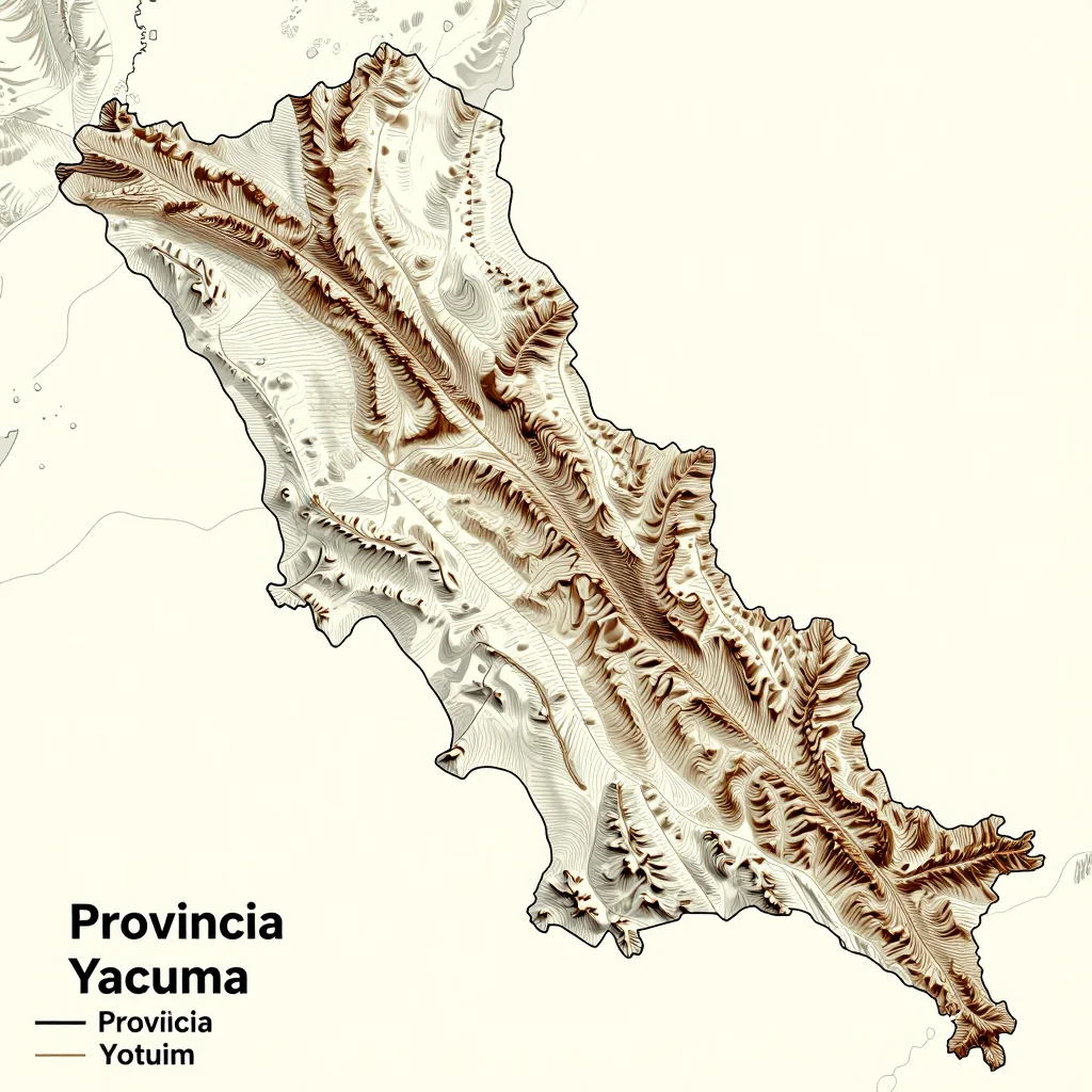 3D topographic map showing elevation contours, mountain ranges, and terrain features of Provincia Yacuma, Bolivia