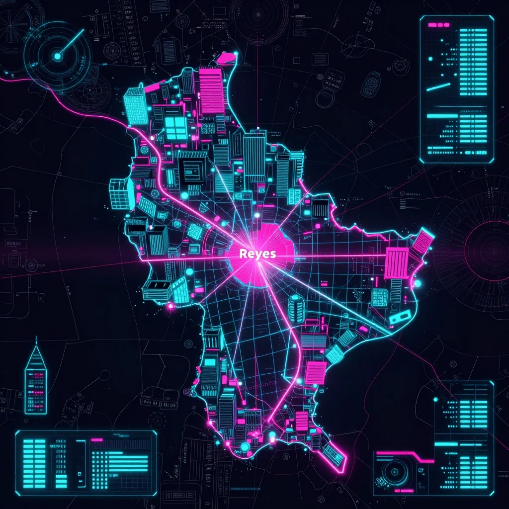 Cyberpunk style digital map of Reyes, Bolivia with neon grid lines and futuristic UI design
