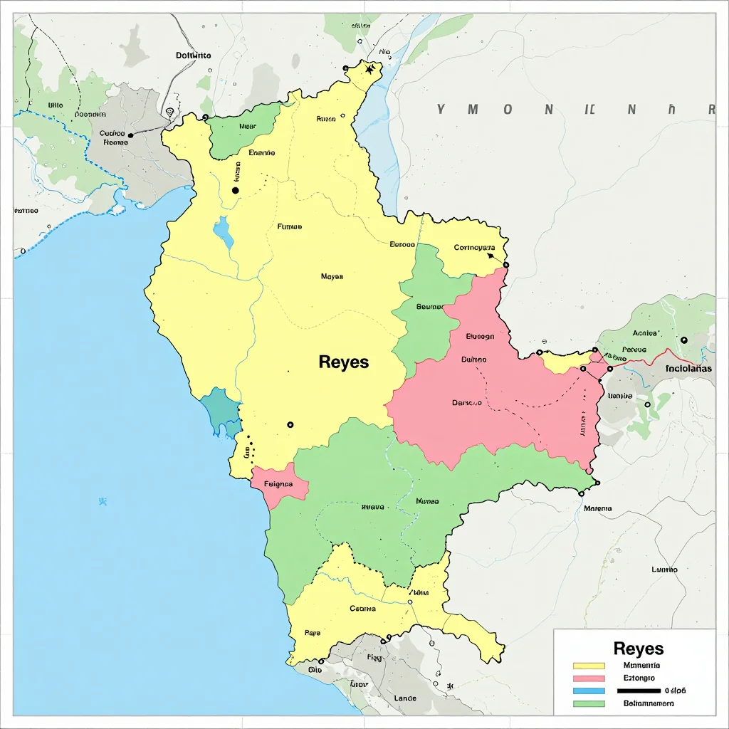 Political map showing borders, administrative divisions, major cities, and capital of Reyes, Bolivia