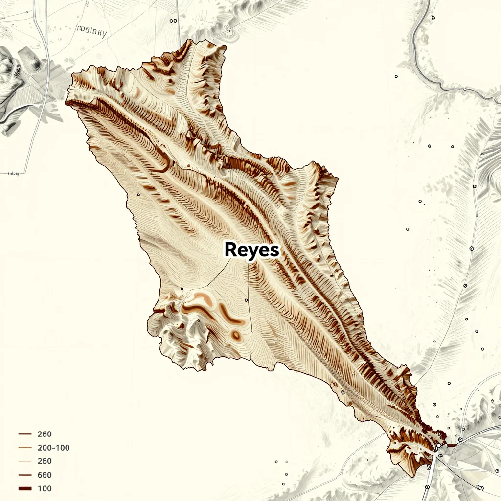 3D topographic map showing elevation contours, mountain ranges, and terrain features of Reyes, Bolivia