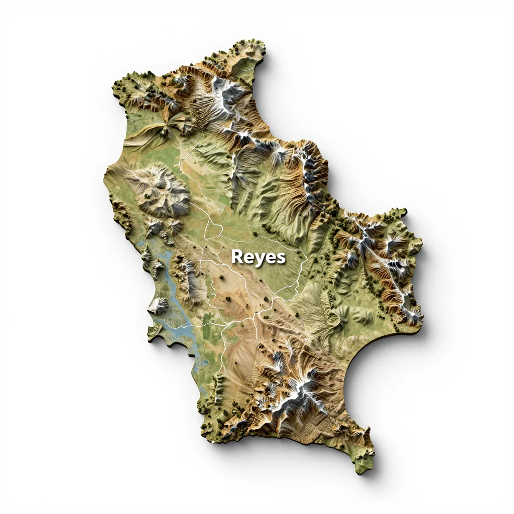 Isometric 3D topographic visualization showing elevation and terrain of Reyes, Bolivia