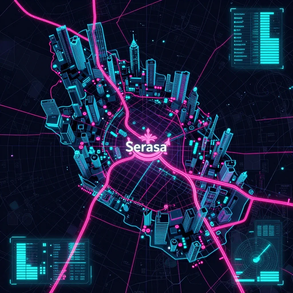 Cyberpunk style digital map of Serasa, Brunei with neon grid lines and futuristic UI design