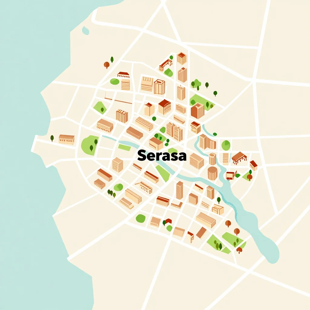 Isometric flat design tourist map of Serasa, Brunei showing landmarks, attractions, and points of interest