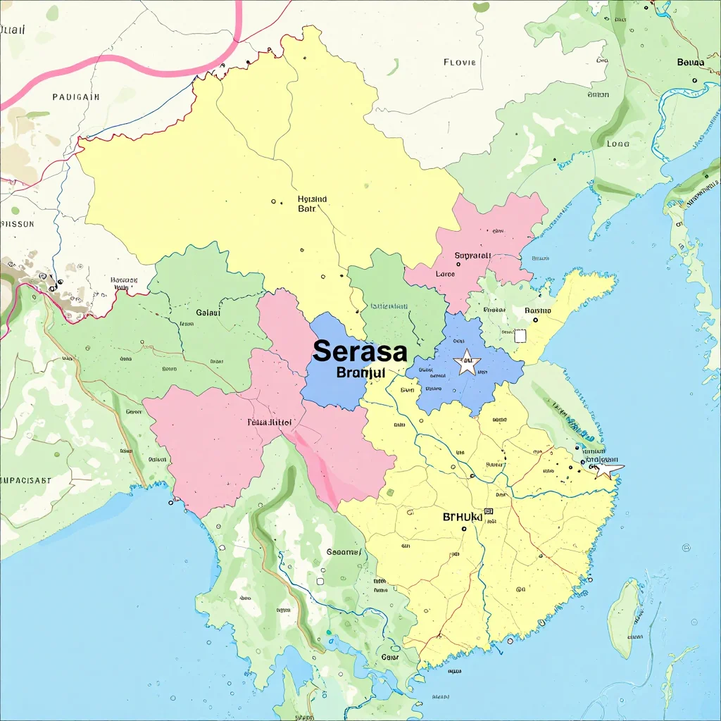 Political map showing borders, administrative divisions, major cities, and capital of Serasa, Brunei
