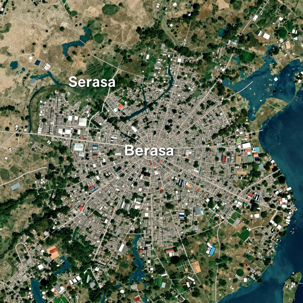 High-resolution satellite image of Serasa, Brunei showing land cover, urban areas, and natural features from space