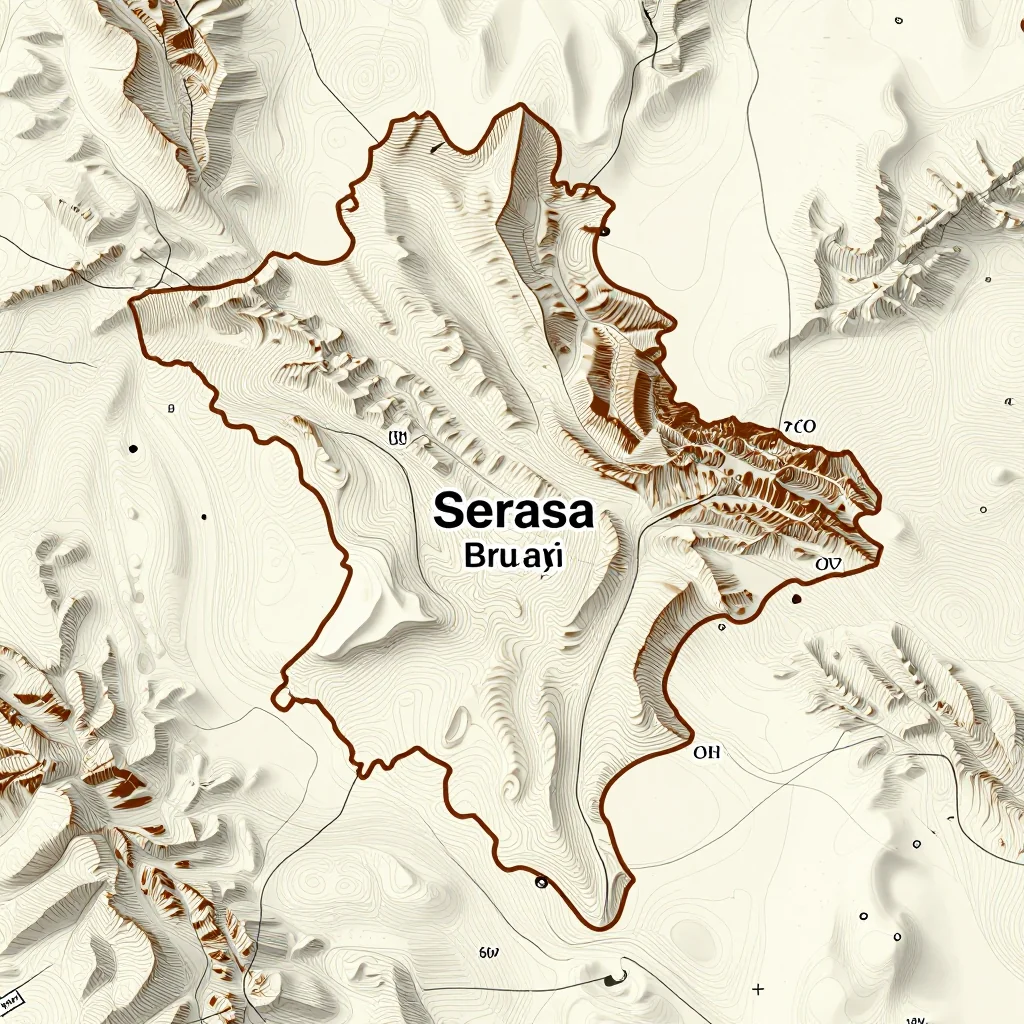 3D topographic map showing elevation contours, mountain ranges, and terrain features of Serasa, Brunei