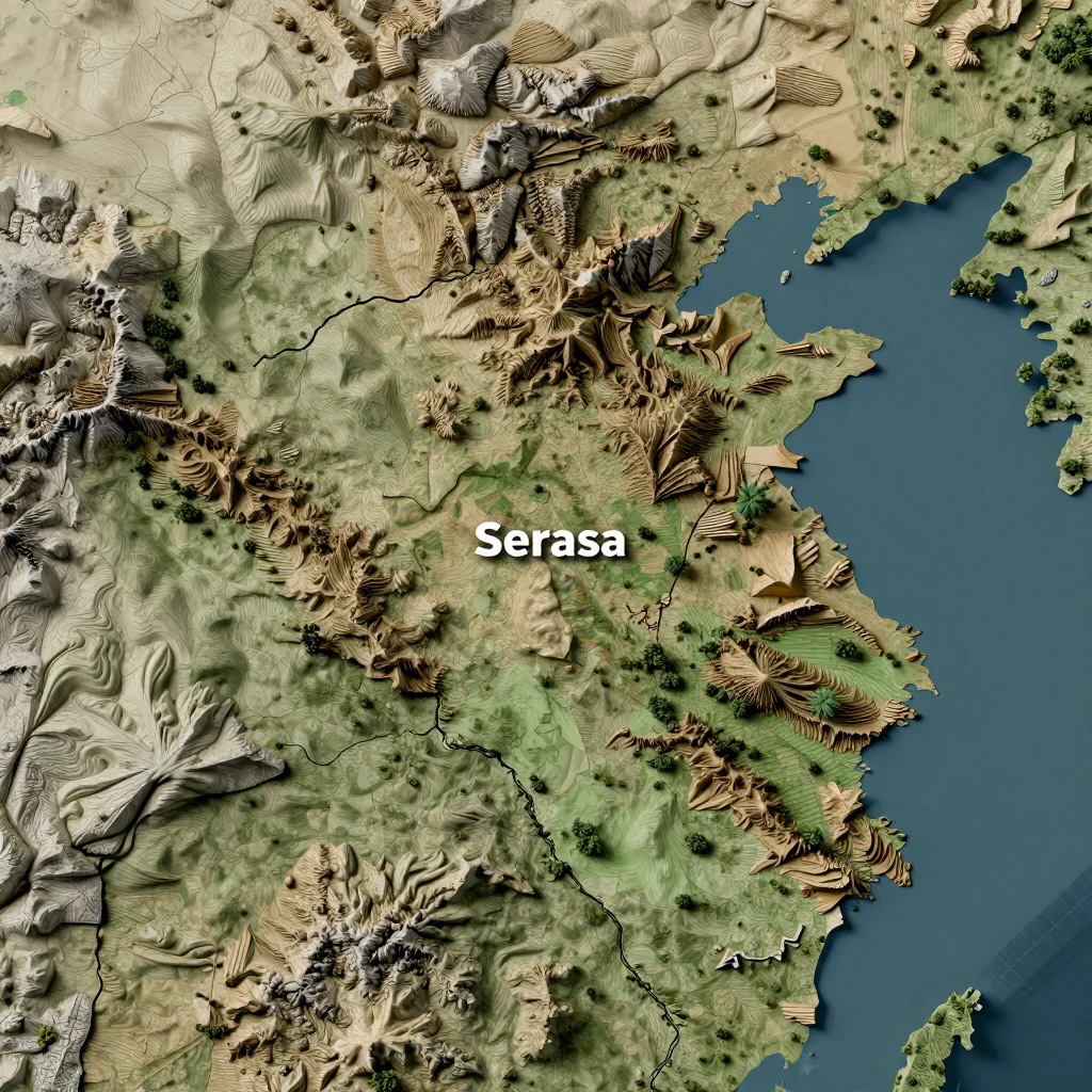 Isometric 3D topographic visualization showing elevation and terrain of Serasa, Brunei