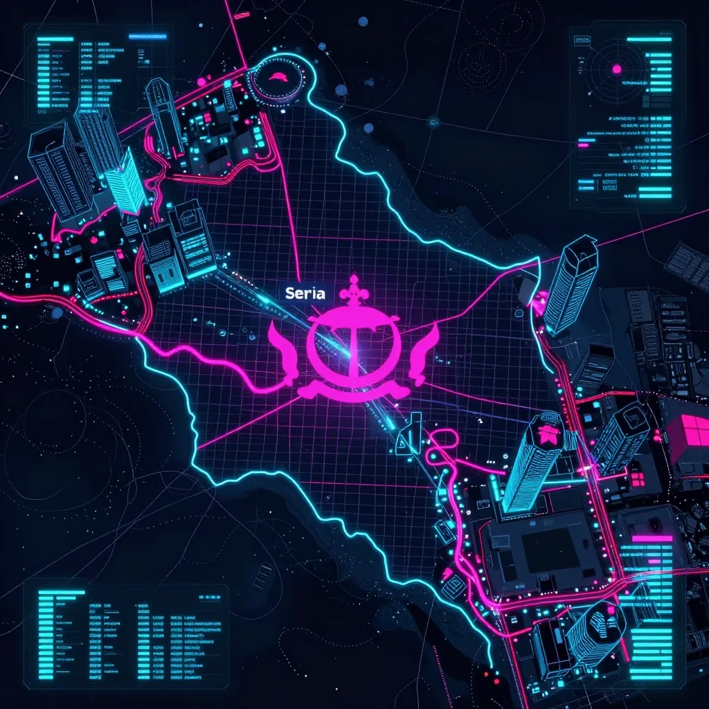 Cyberpunk style digital map of Seria, Brunei with neon grid lines and futuristic UI design
