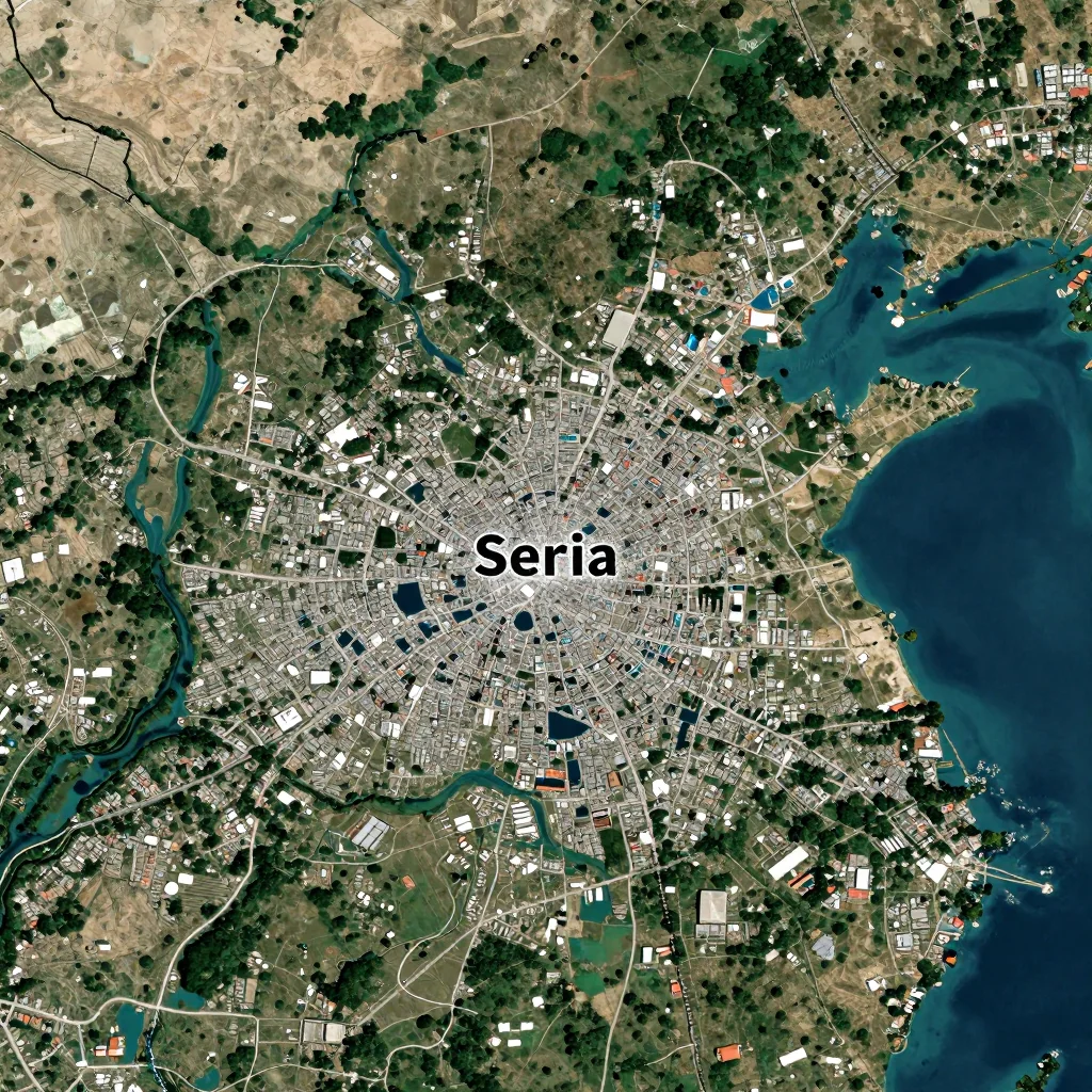 High-resolution satellite image of Seria, Brunei showing land cover, urban areas, and natural features from space