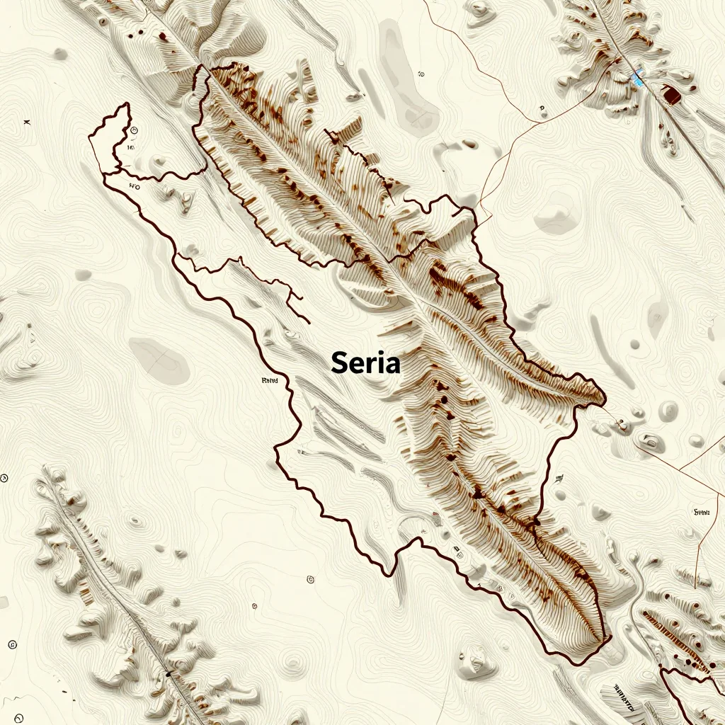3D topographic map showing elevation contours, mountain ranges, and terrain features of Seria, Brunei