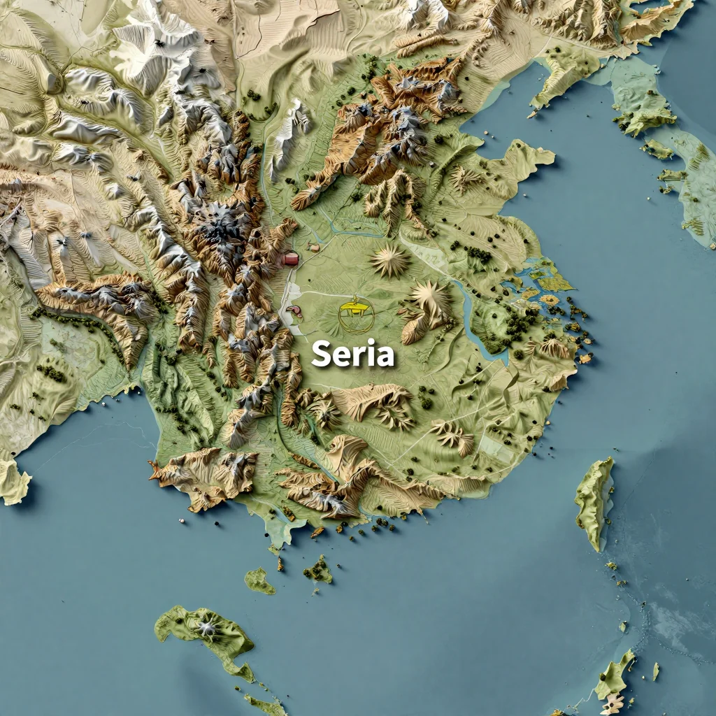 Isometric 3D topographic visualization showing elevation and terrain of Seria, Brunei