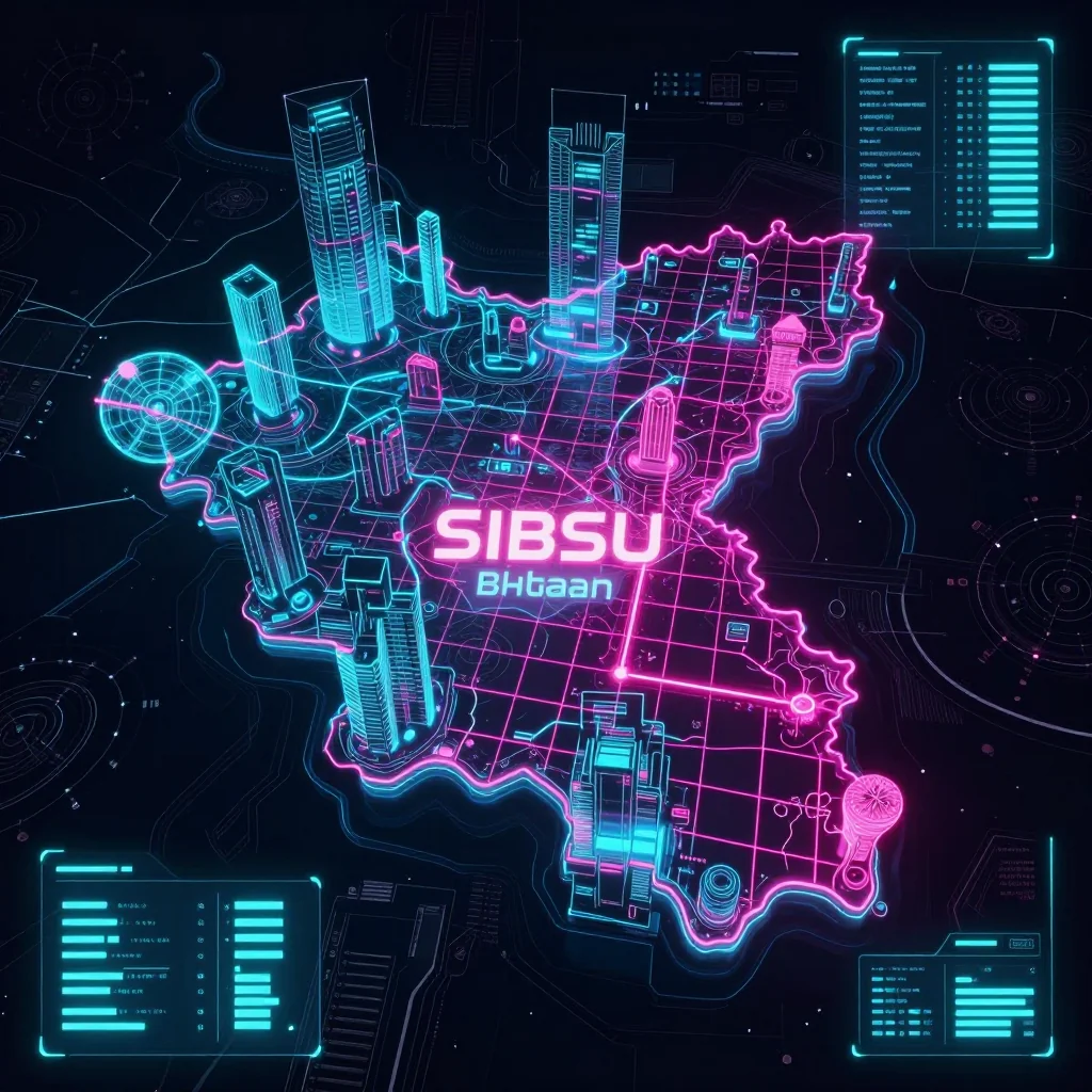 Futuristic Cyberpunk Map of Sibsu, Bhutan Cyberpunk style digital map of Sibsu, Bhutan with neon grid lines and futuristic UI design