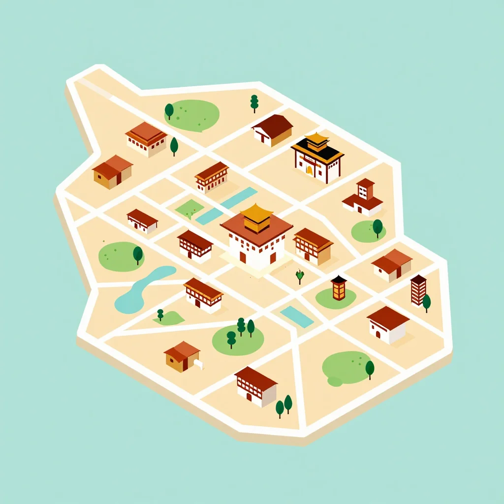 Isometric Tourist Map of Sibsu, Bhutan - Flat Design Isometric flat design tourist map of Sibsu, Bhutan showing landmarks, attractions, and points of interest