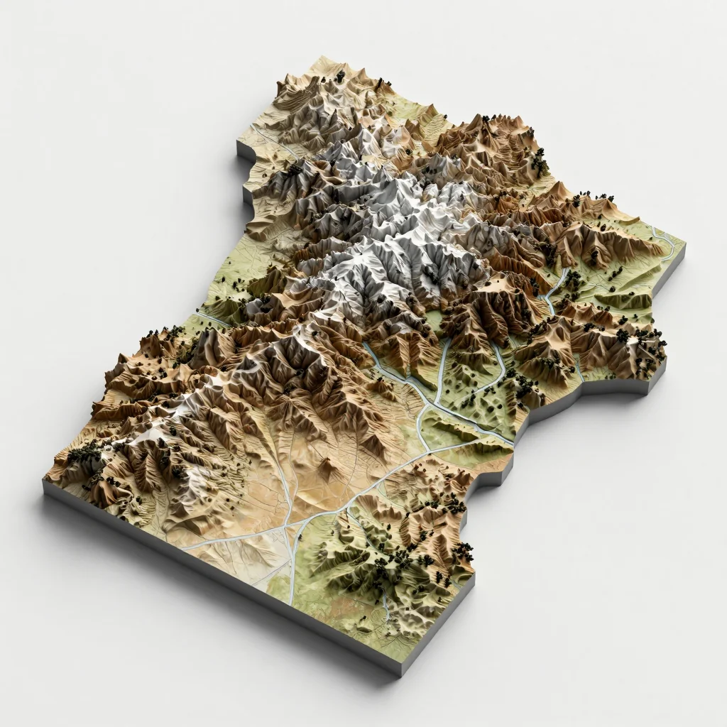 3D Isometric Topographic Map of Sibsu, Bhutan Isometric 3D topographic visualization showing elevation and terrain of Sibsu, Bhutan