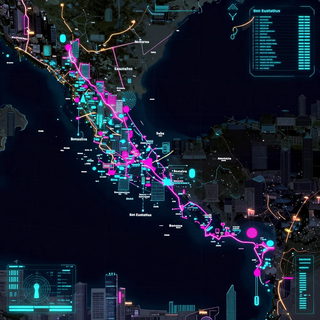 Futuristic Cyberpunk Map of Sint Eustatius and Saba, Bonaire Cyberpunk style digital map of Sint Eustatius and Saba, Bonaire with neon grid lines and futuristic UI design