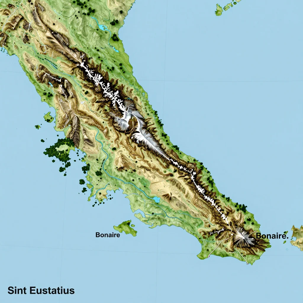 Physical Geography Map of Sint Eustatius and Saba, Bonaire Physical geography map showing terrain, mountains, rivers, and natural features of Sint Eustatius and Saba, Bonaire
