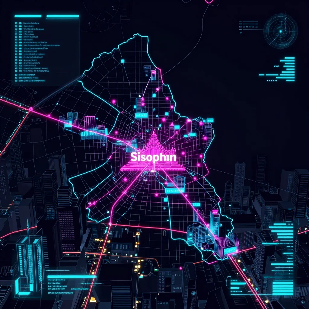 Futuristic Cyberpunk Map of Sisophon, Cambodia Cyberpunk style digital map of Sisophon, Cambodia with neon grid lines and futuristic UI design