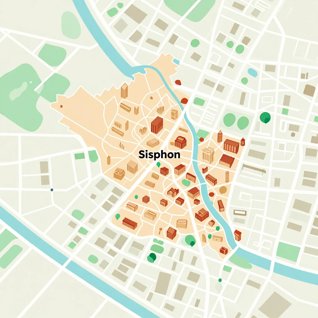 Isometric Tourist Map of Sisophon, Cambodia - Flat Design Isometric flat design tourist map of Sisophon, Cambodia showing landmarks, attractions, and points of interest