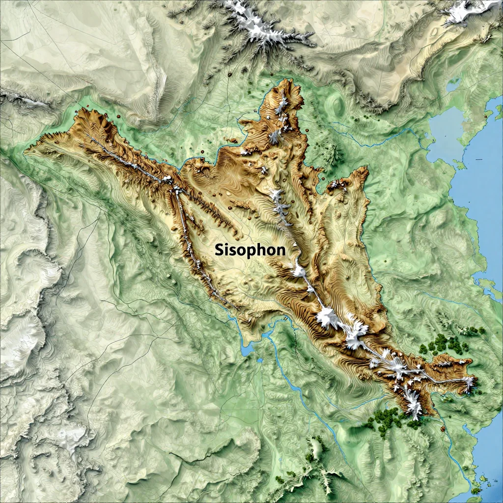 Physical Geography Map of Sisophon, Cambodia Physical geography map showing terrain, mountains, rivers, and natural features of Sisophon, Cambodia