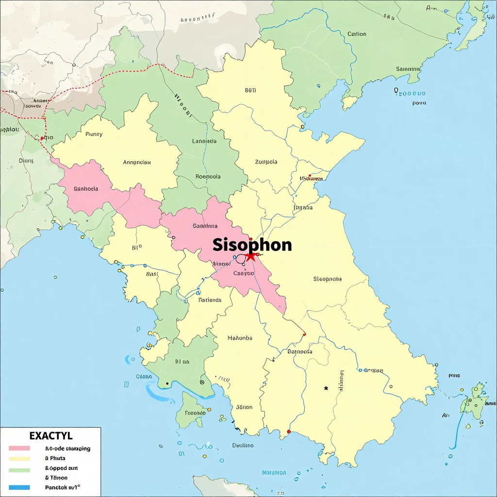 Political Map of Sisophon, Cambodia - Administrative Boundaries Political map showing borders, administrative divisions, major cities, and capital of Sisophon, Cambodia