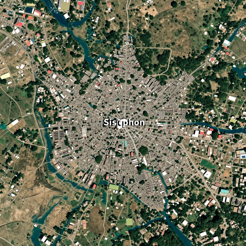 Satellite View of Sisophon, Cambodia from Space High-resolution satellite image of Sisophon, Cambodia showing land cover, urban areas, and natural features from space