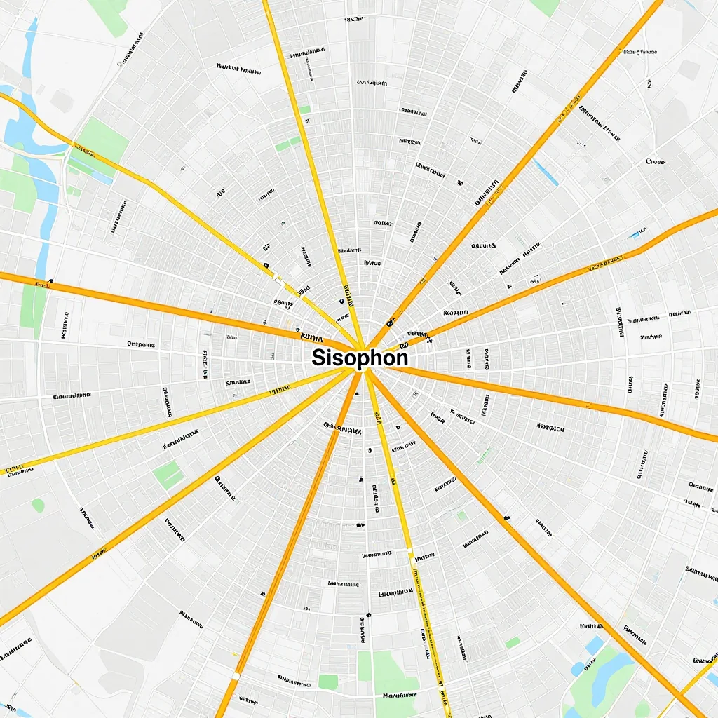 Street Map of Sisophon, Cambodia - Road Network Detailed street map showing roads, highways, neighborhoods, and urban layout of Sisophon, Cambodia