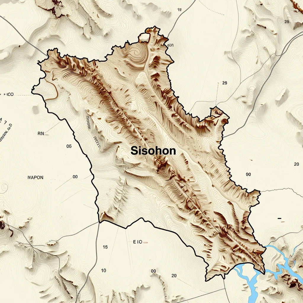 Topographic Relief Map of Sisophon, Cambodia 3D topographic map showing elevation contours, mountain ranges, and terrain features of Sisophon, Cambodia