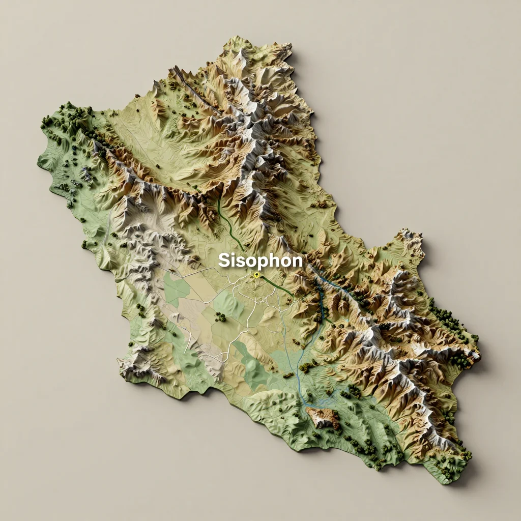 3D Isometric Topographic Map of Sisophon, Cambodia Isometric 3D topographic visualization showing elevation and terrain of Sisophon, Cambodia