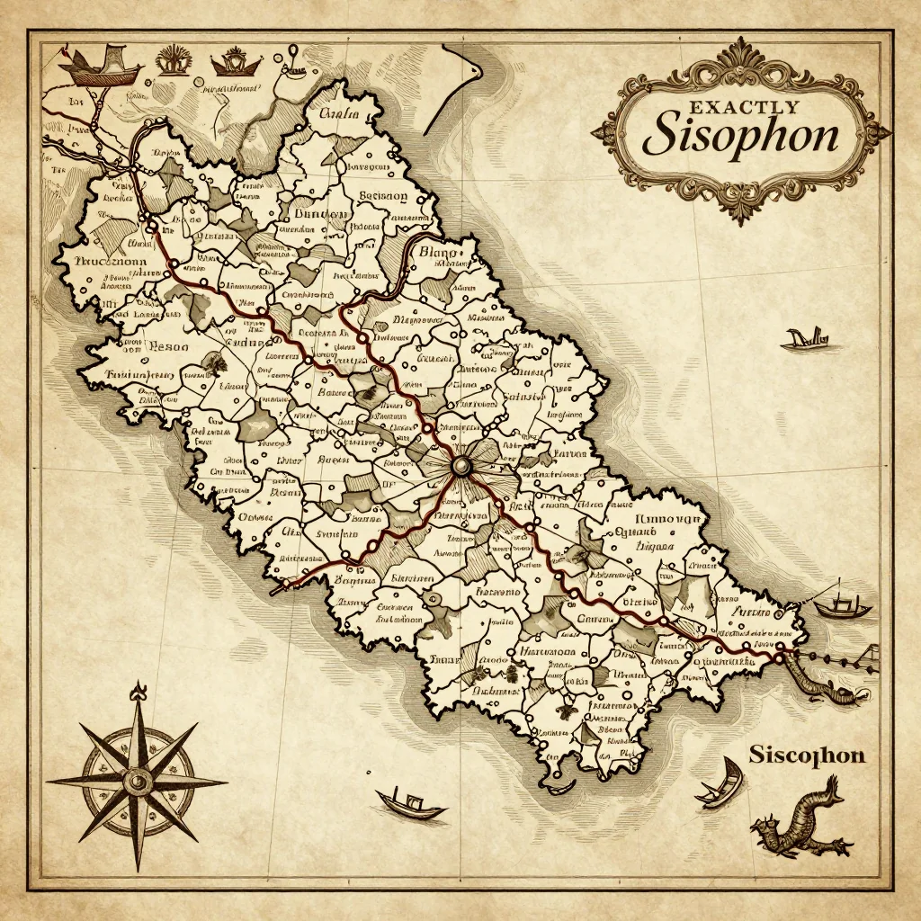 Historical Vintage Map of Sisophon, Cambodia - Antique Cartography Antique vintage map of Sisophon, Cambodia showing historical cartography style