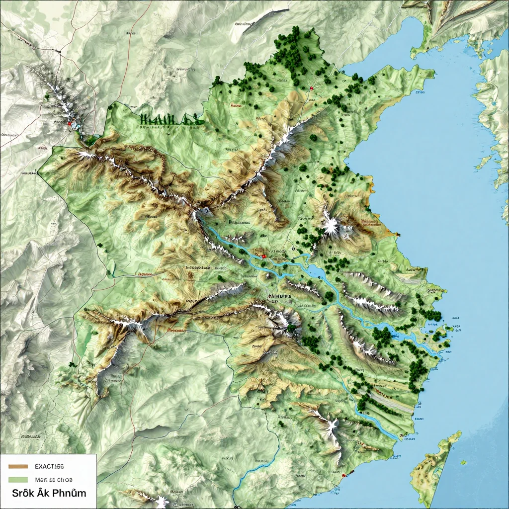 Physical geography map showing terrain, mountains, rivers, and natural features of Srŏk Âk Phnŭm, Cambodia
