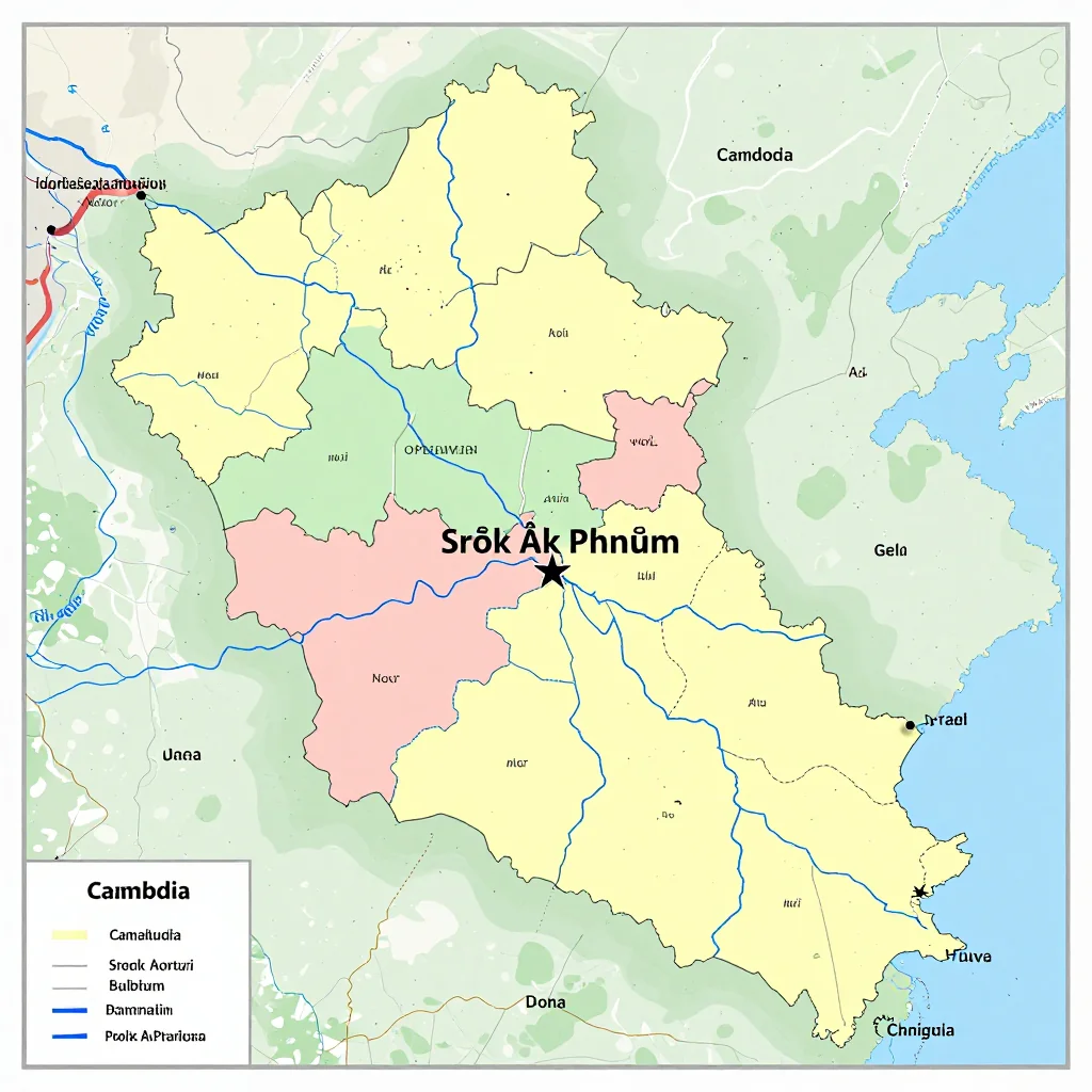 Political map showing borders, administrative divisions, major cities, and capital of Srŏk Âk Phnŭm, Cambodia