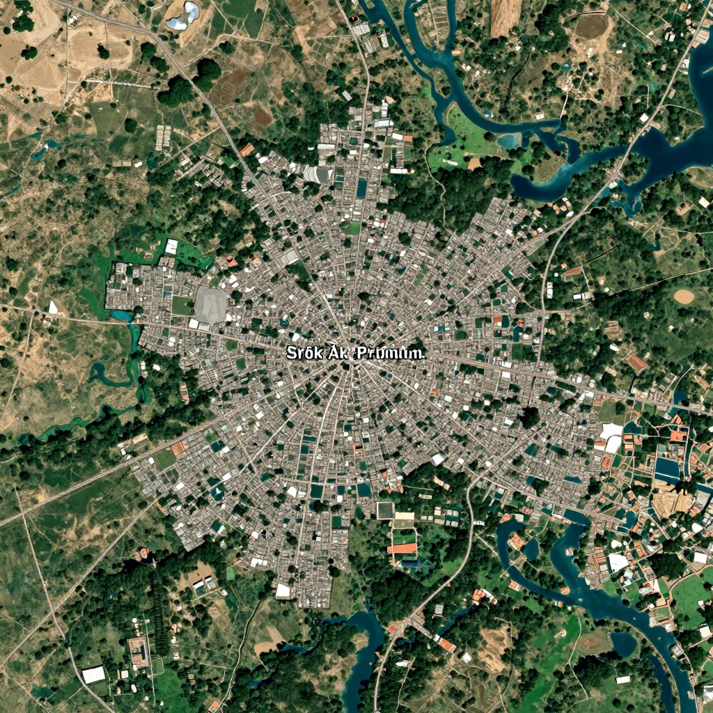 High-resolution satellite image of Srŏk Âk Phnŭm, Cambodia showing land cover, urban areas, and natural features from space